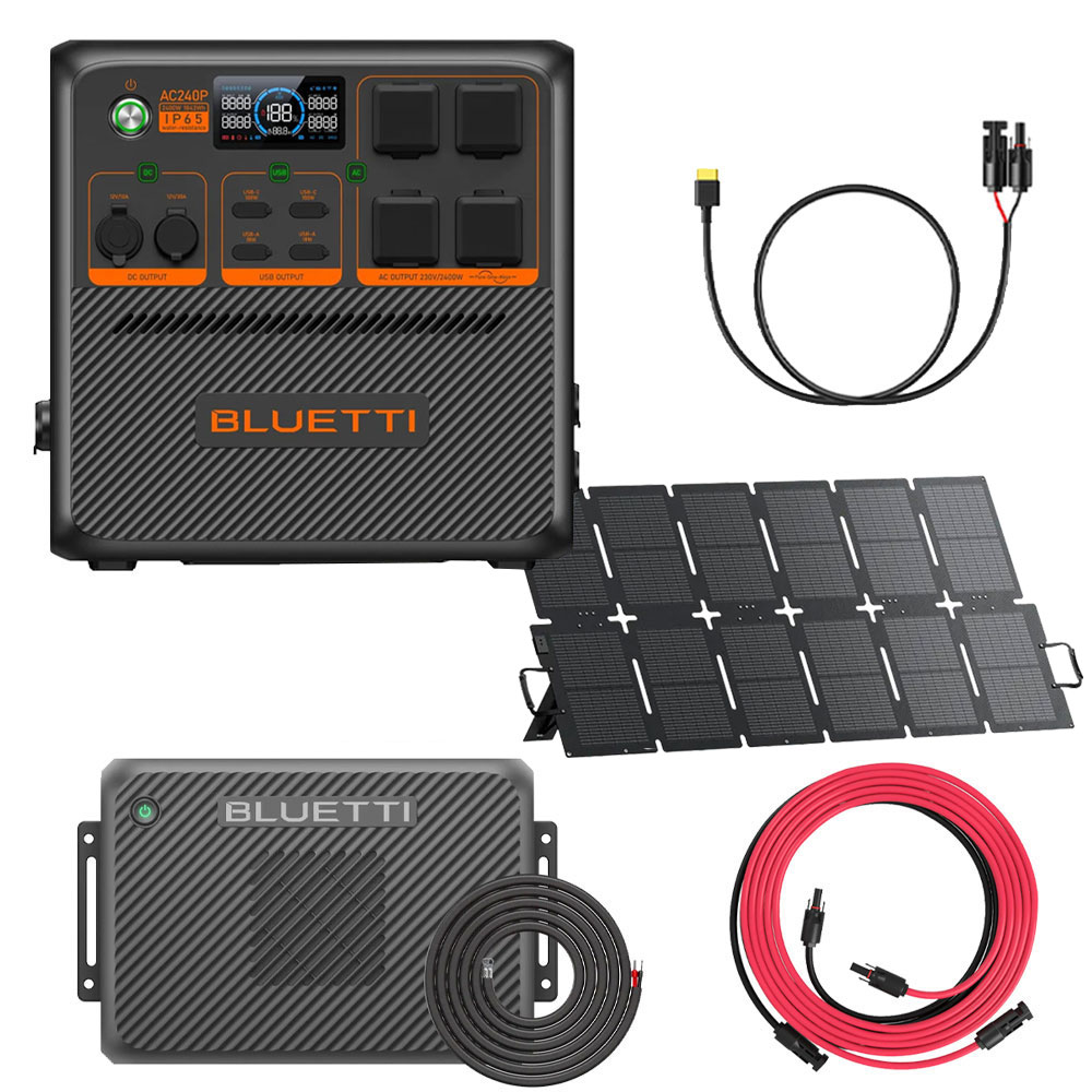 Bluetti AC240P + Charger2 + Wiring Kit + Sora 220 + A-PWC-AC-UN-LNO-0389 + A-MC4-NO-UN-L5M Portable Power Station AC240P + Charger2 + Wiring Kit + Sora 220 + A-PWC-AC-UN-LNO-0389 + A-MC4-NO-UN-L5M