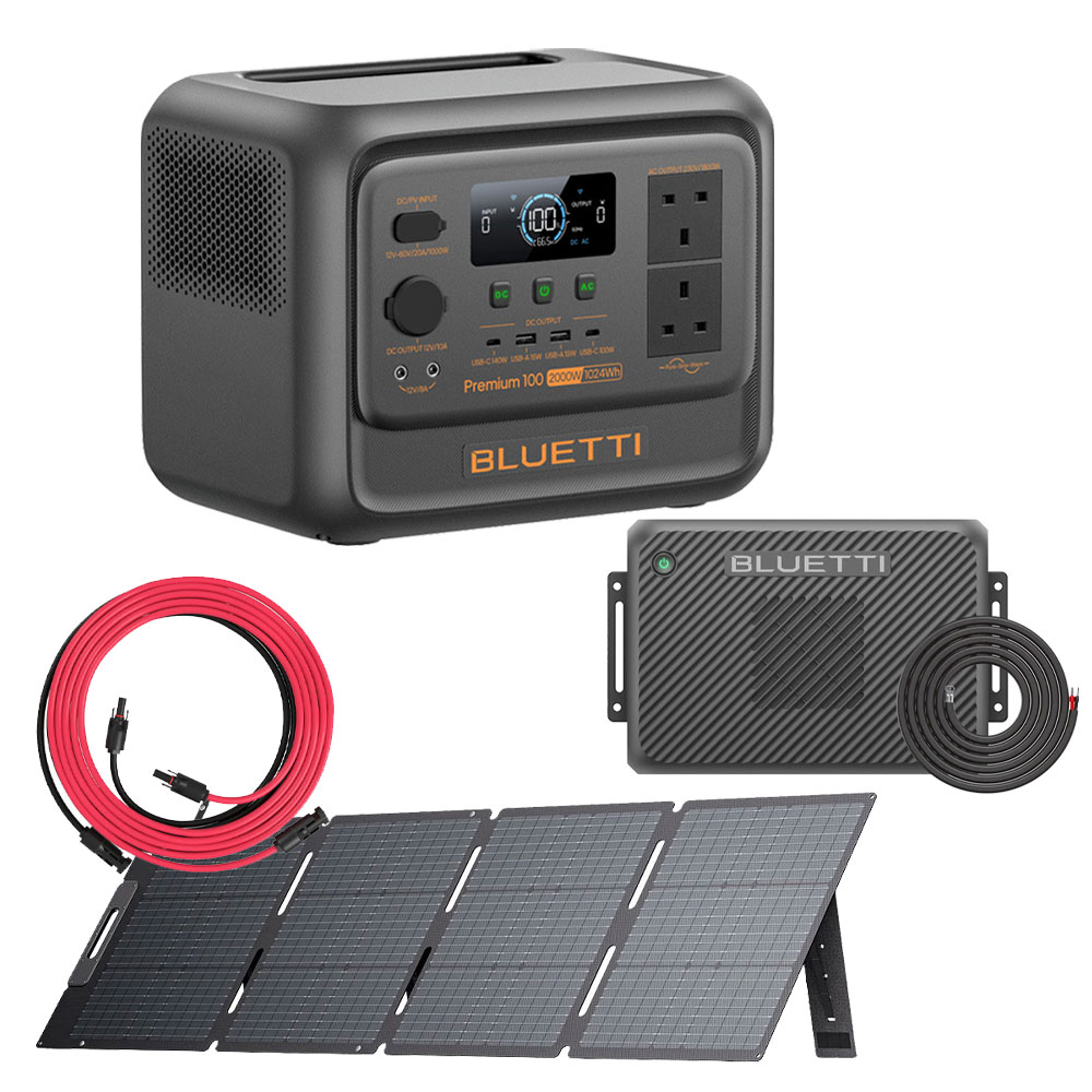BLUETTI PREMIUM 100 V2 + Charger2 + Wiring Kit + PV200D + PV Solar 5M Extension Cable Portable Power Station PREMIUM 100 V2 + Charger2 + Wiring Kit + PV200D + PV Solar 5M Extension Cable