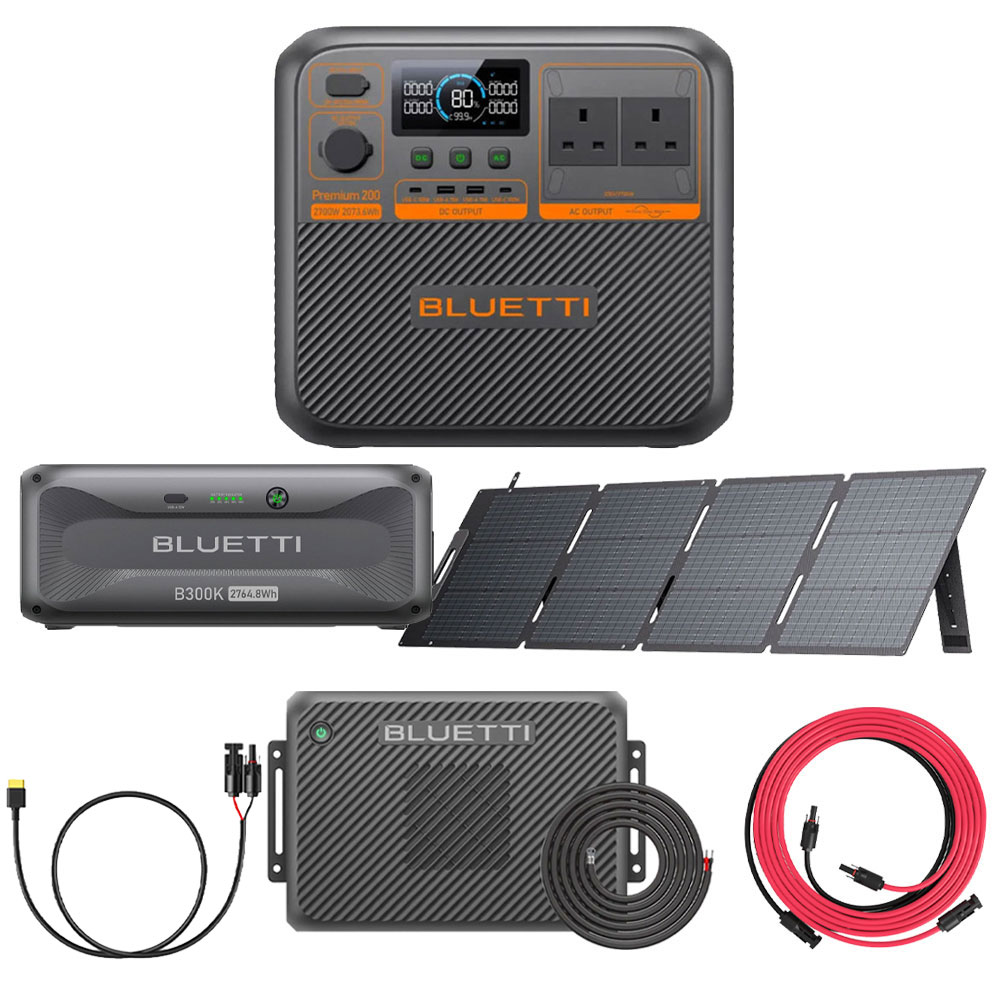 BLUETTI PREMIUM 200 v2 + B300K + PV200D + Charger2 + Wiring + MC4 TO XT60 + A-MC4-NO-UN-L5M Portable Power Station PREMIUM 200 v2 + B300K + PV200D + Charger2 + Wiring + MC4 TO XT60 + A-MC4-NO-UN-L5M