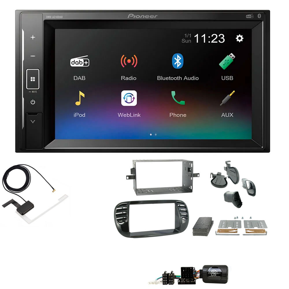 Fiat 500 2007 - 2015 Piano Black Pioneer DAB Digital Radio, 6.2" Screen Bluetooth Stereo Upgrade Kit