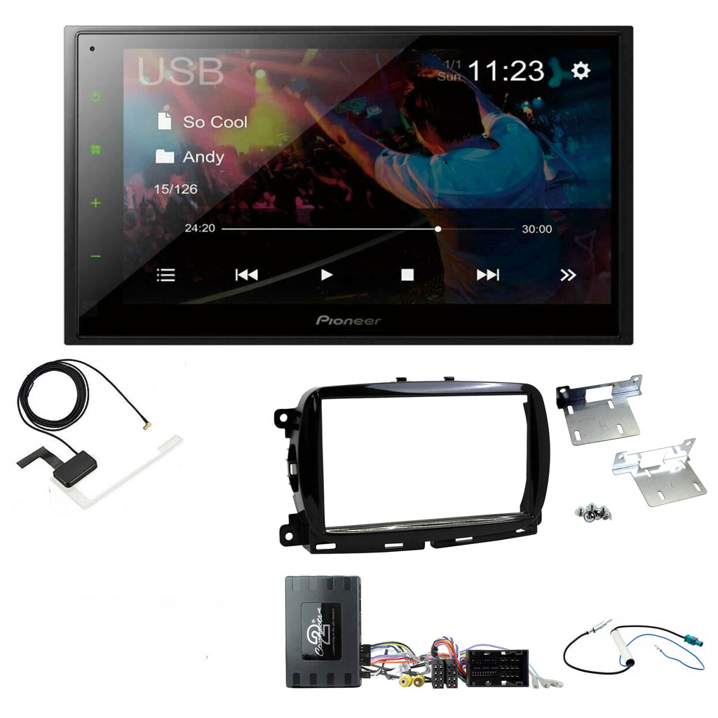 Fiat 500 2015 - 2021 Gloss Black Pioneer 6.8" Double Din Bluetooth WebLink USB DAB Radio Upgrade Kit