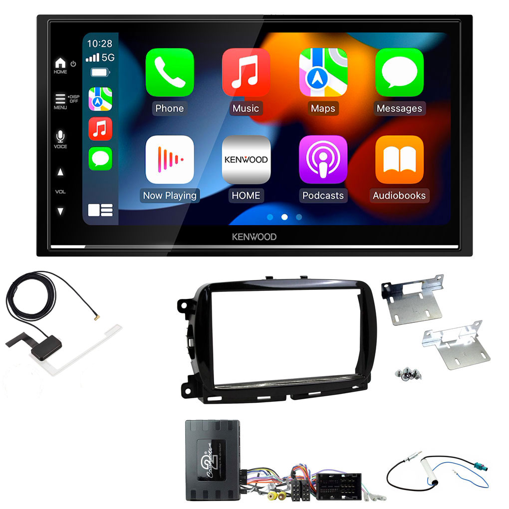 Fiat 500 2015 - 2021 Gloss Black Kenwood DMX7722DABS Wireless Apple CarPlay Android Auto DAB Stereo Upgrade Kit